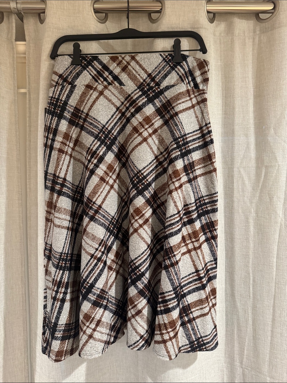 Plaid A-Line Midi Skirt in Cream, Brown & Black - Picture 2 of 5